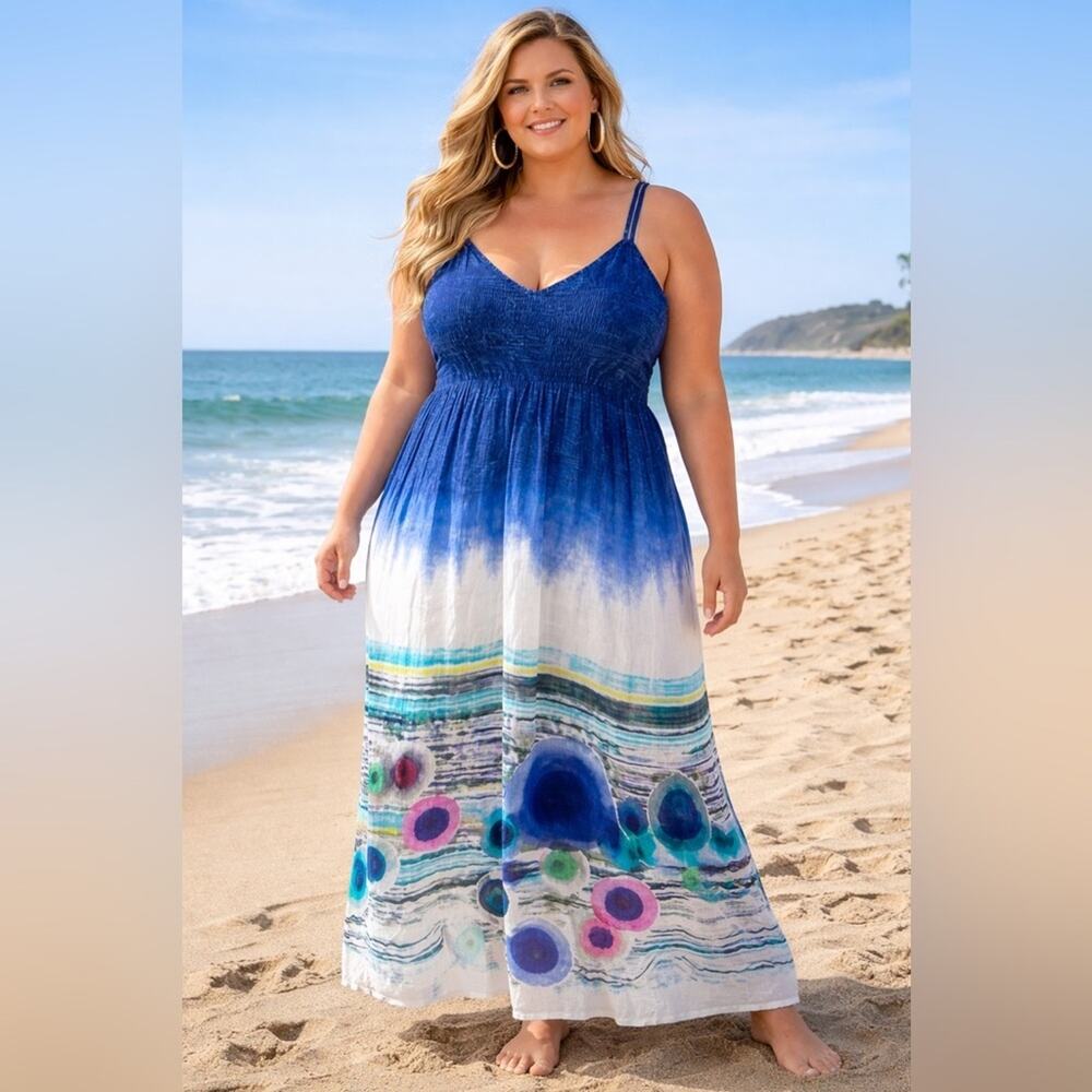 NWT Desigual Spaghetti Strap Maxi Boho Beachy Sundress Blue & White - Size 44